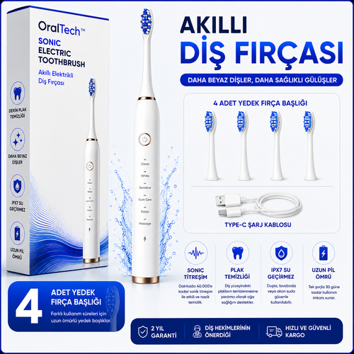 OralTech™ Akıllı Elektrikli Diş Fırçası | Sonik Teknoloji ile Derin Temizlik